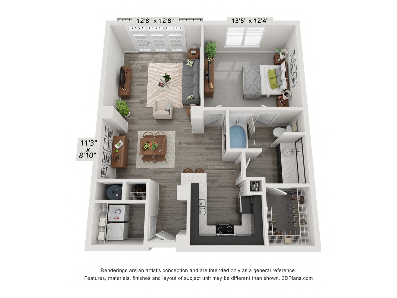 Floor plan for 1 bed, 1 bath, 861 sqft